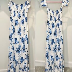 Blue and White Pleated Maxi A-Line Skirt